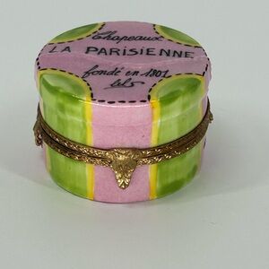 Limoges hand painted porcelain hat box, trinket box pink and green RARE